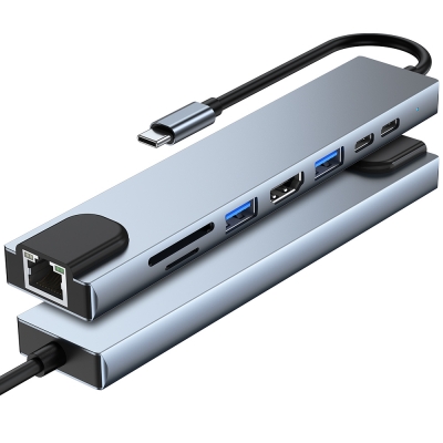Aluminum Alloy USB Hub 8 in 1 Hub HDMI*1+RJ45+USB3.0*1+USB2.0*1+micro SD*1+SD*1+PD*1+PD2.0*1